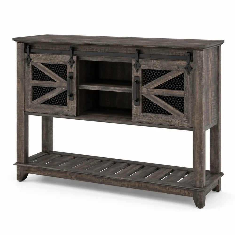 Console en bois de pin avec portes grillagées coulissantes 120 x 35 x 80 cm