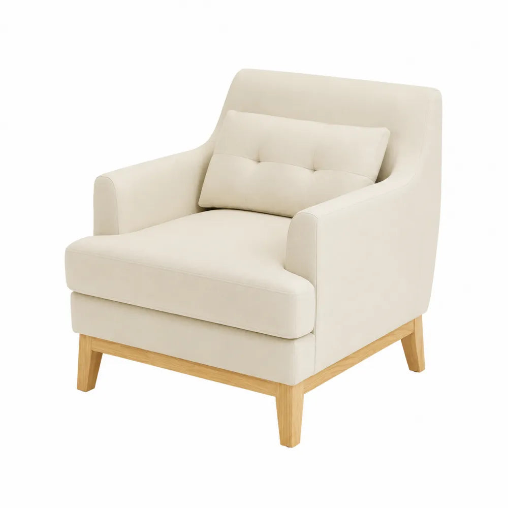 Fauteuil en tissu avec accoudoirs et pieds en bois de hêtre