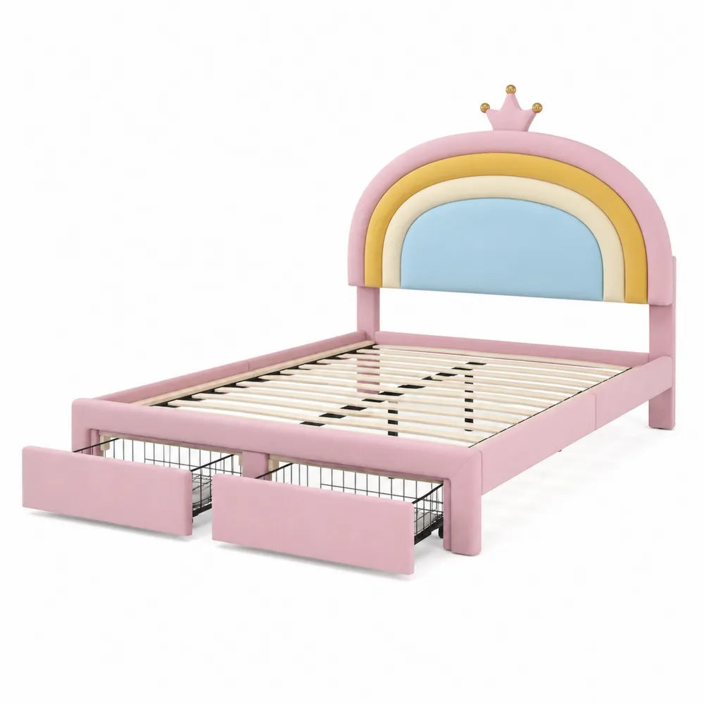 Lit enfant en bois avec tête de lit arc-en-ciel et rangements