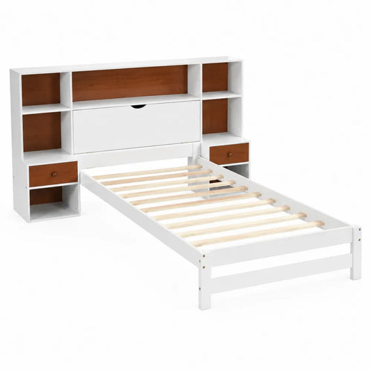 Lit simple avec rangement intégré en bois et MDF Blanc/Marron 90x200 cm