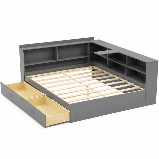 Lit en Bois MDF avec Étagères et Tiroirs Gris 200x140 cm