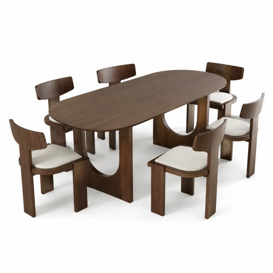 Ensemble de table à manger ovale et 6 chaises en bois massif brun