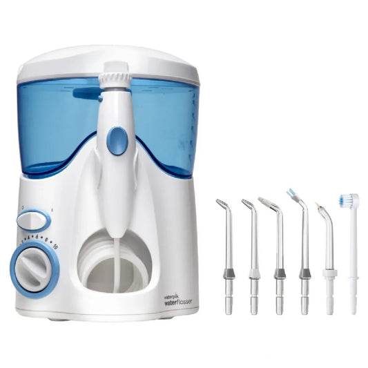 hydropulseur dentaire, WP100 ultra performant - 7 embouts - Nettoyage interdentaire - finition blanche/finition bleue, Waterpik